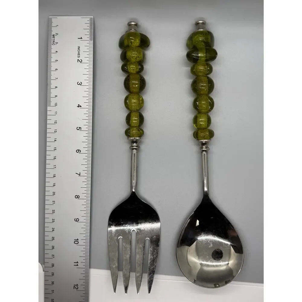 Serving Spoon And Fork Green Amber Color Glass Beaded Handle Set Of 2 Polished
